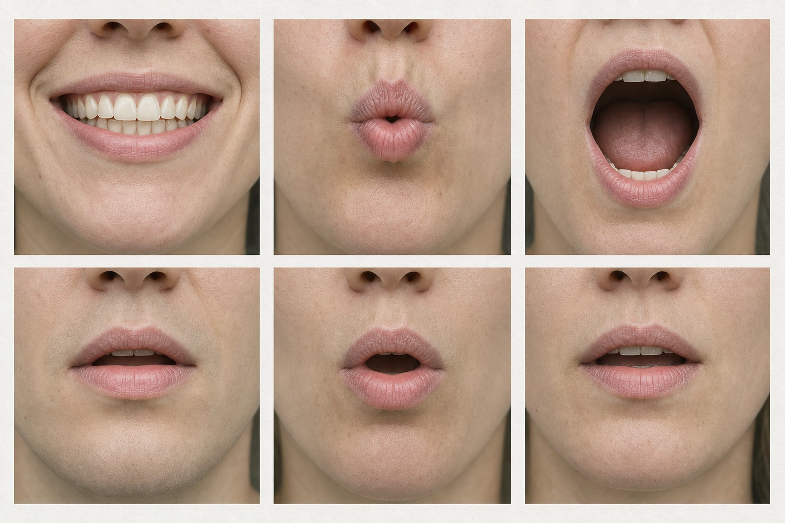 Grid of macro photographs showing six different lip and mouth positions used to form distinct English vowel sounds