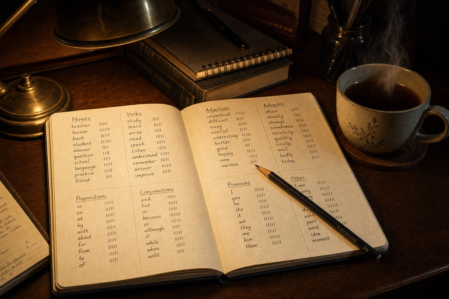 Personal study notebook with handwritten English practice words organized in columns with tally marks under warm desk lamp light