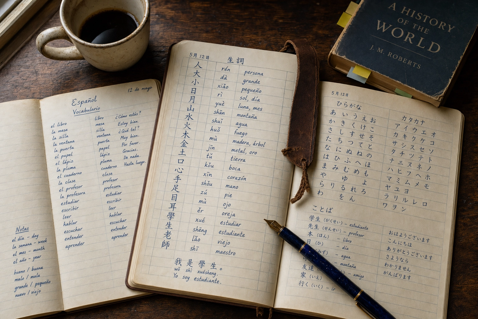 Overhead view of language study notebooks with Spanish Chinese and Japanese handwriting representing different first language pronunciation challenges