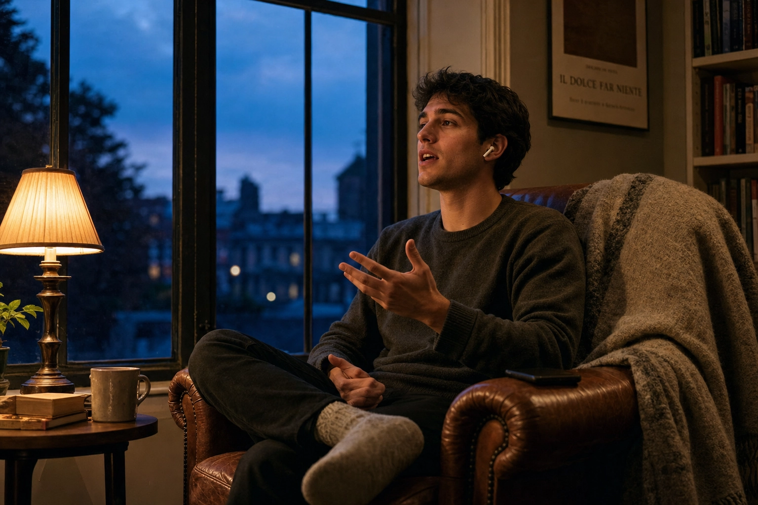 Young man wearing wireless earbuds practicing English conversation aloud in cozy evening reading nook with warm lamplight