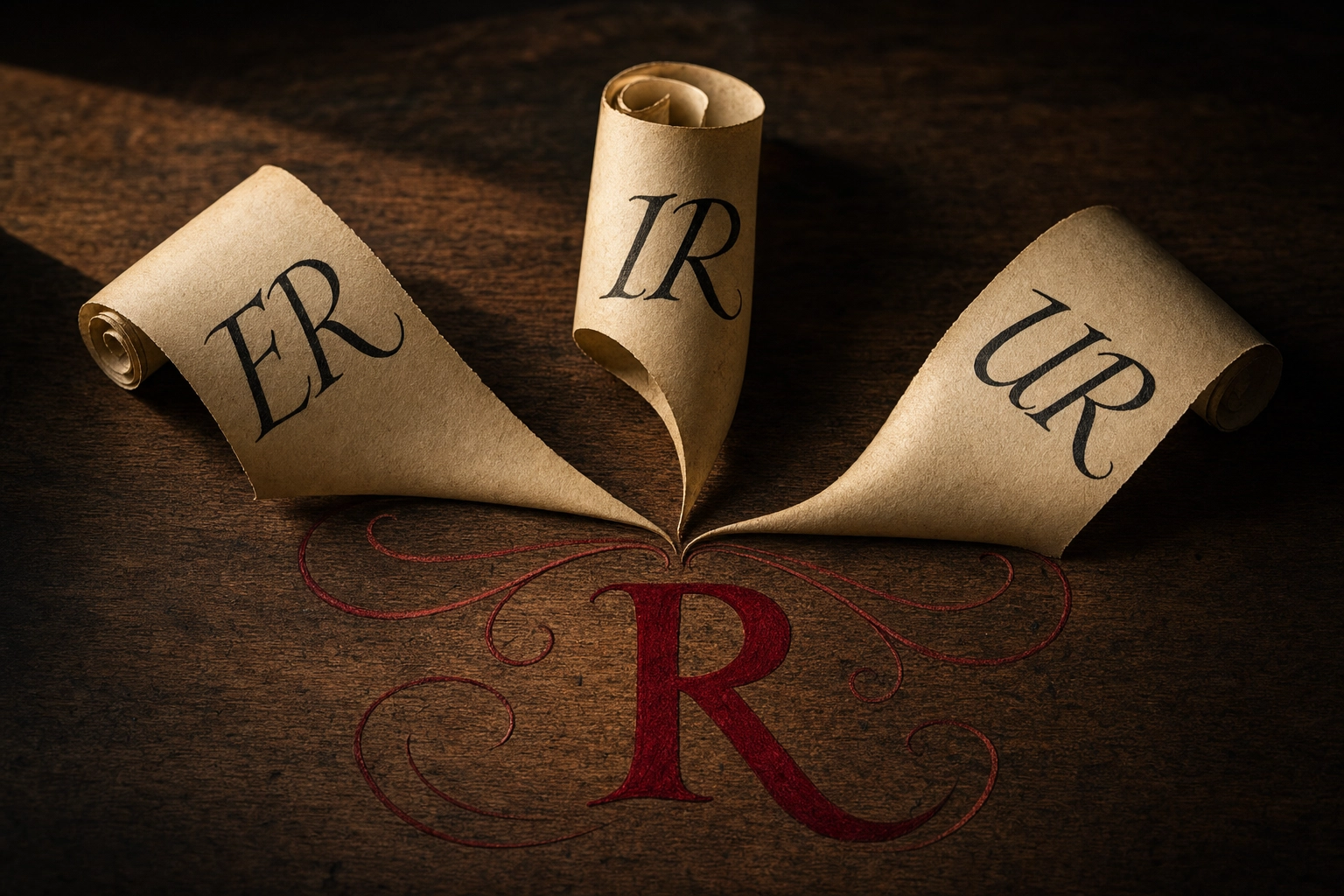 Three paper slips with letter combinations ER IR UR converging toward a central red R representing R-controlled vowel sounds in English