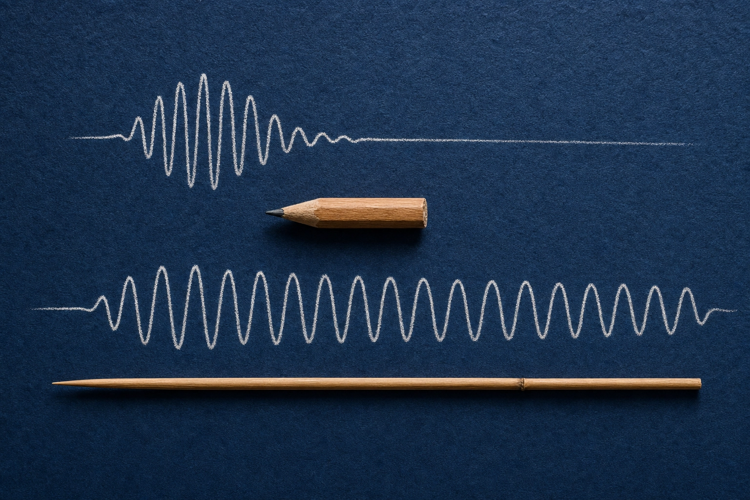 Overhead flat-lay showing short versus long vowel sound waveform comparison with contrasting physical objects on indigo background