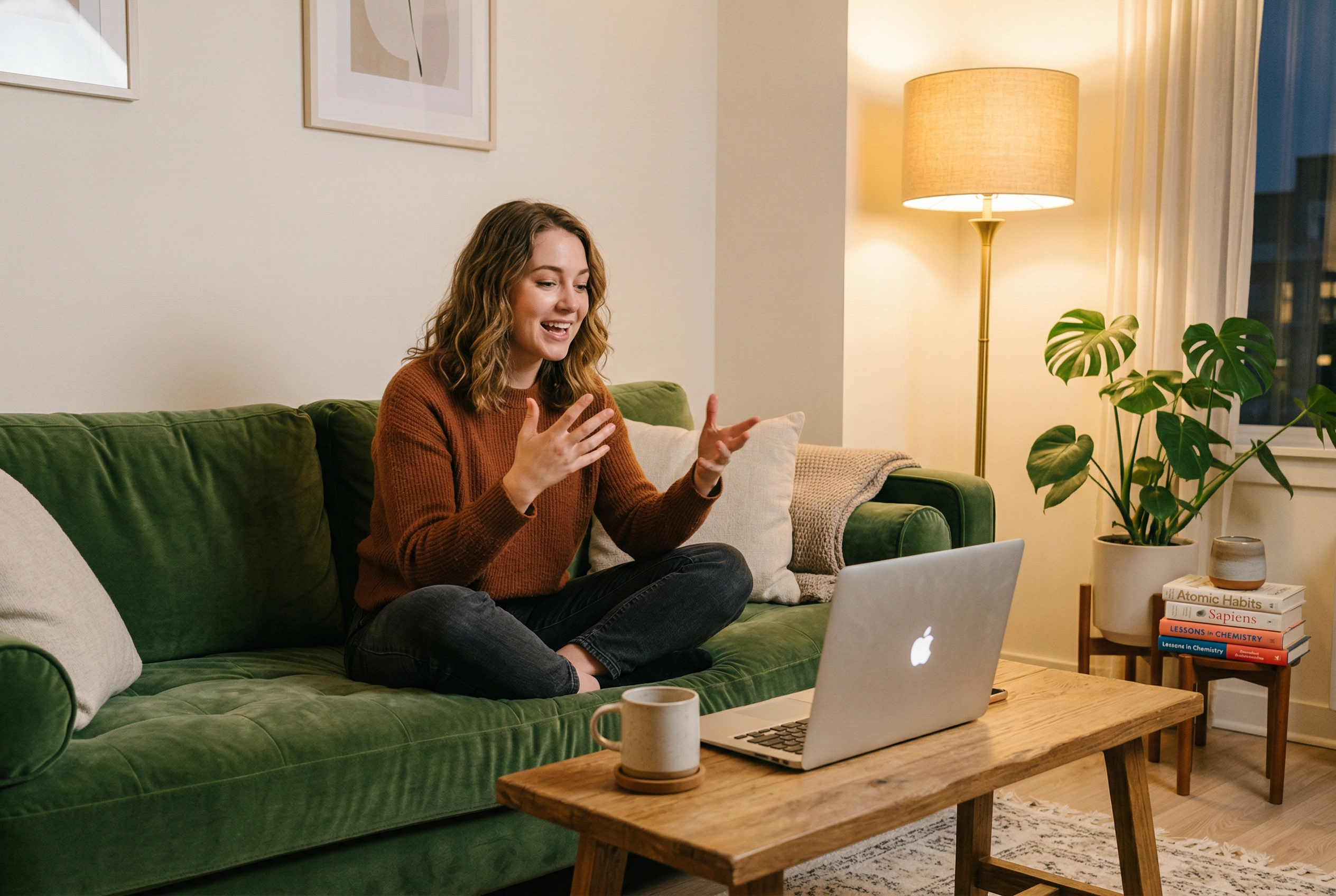 Woman practicing English speaking with AI tutor on laptop in cozy evening home setting