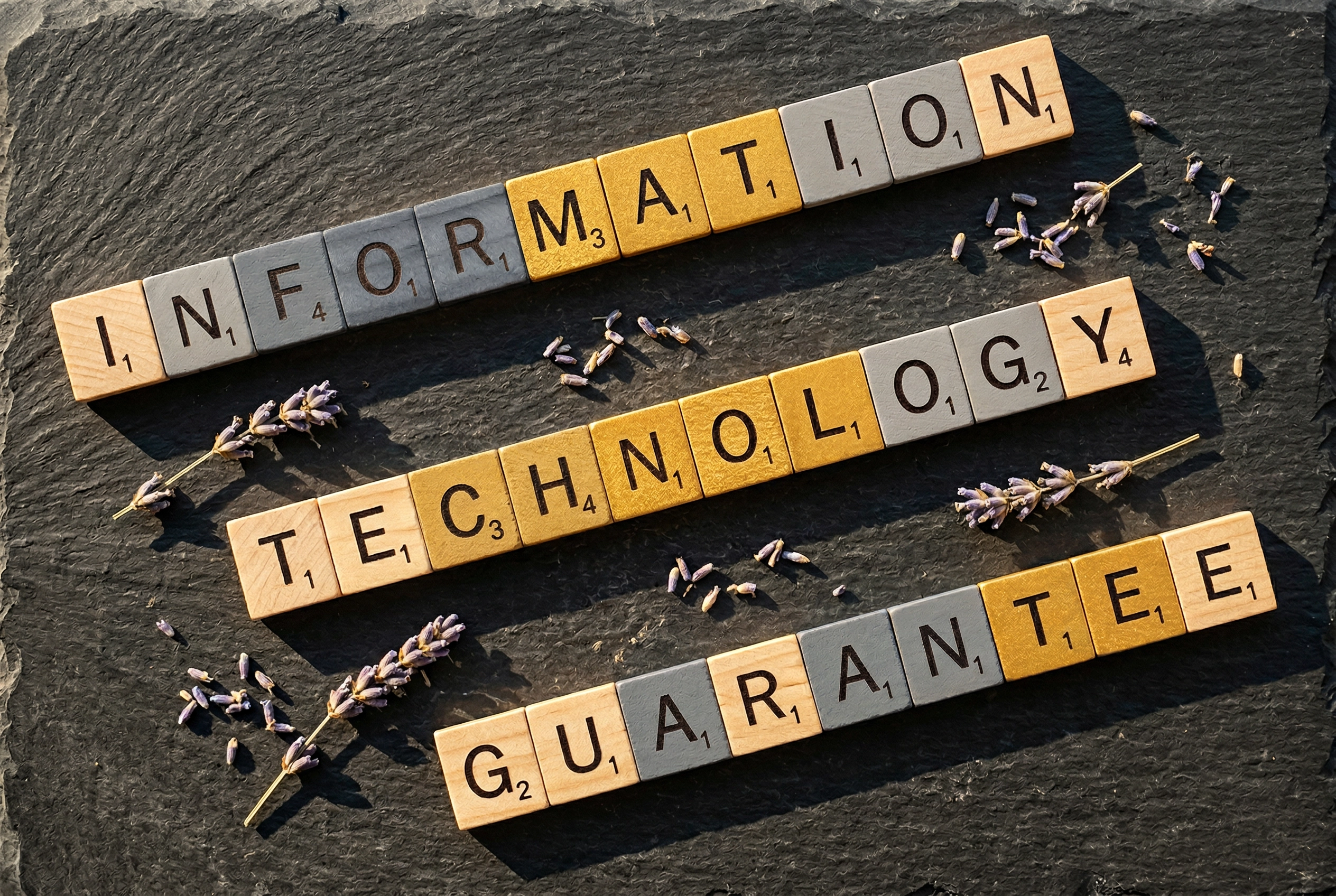 Letter tiles showing English suffix stress rules with stressed syllables highlighted in gold for words like information and technology