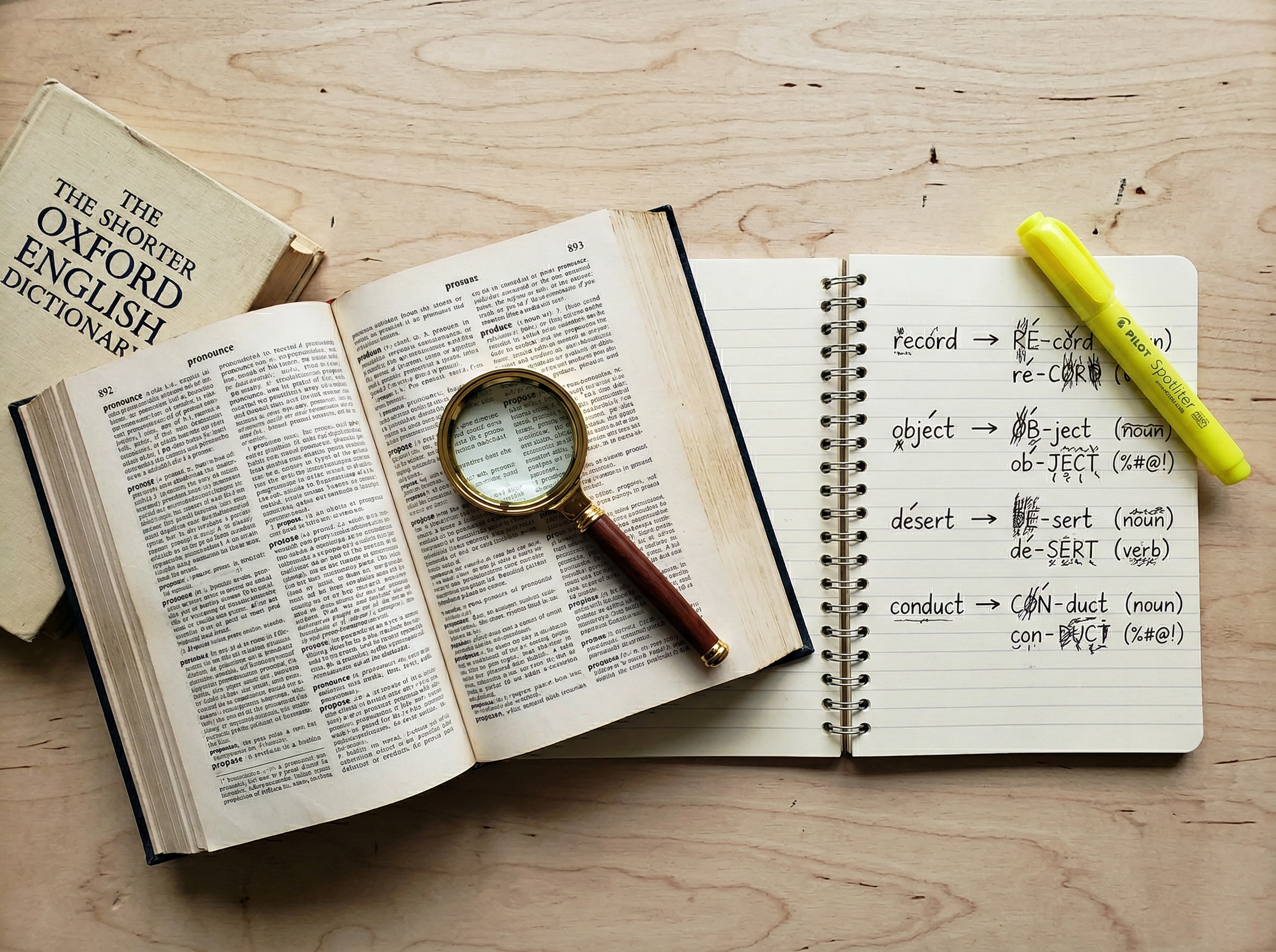 Overhead view of English dictionary and study notebook for learning word stress patterns and pronunciation rules