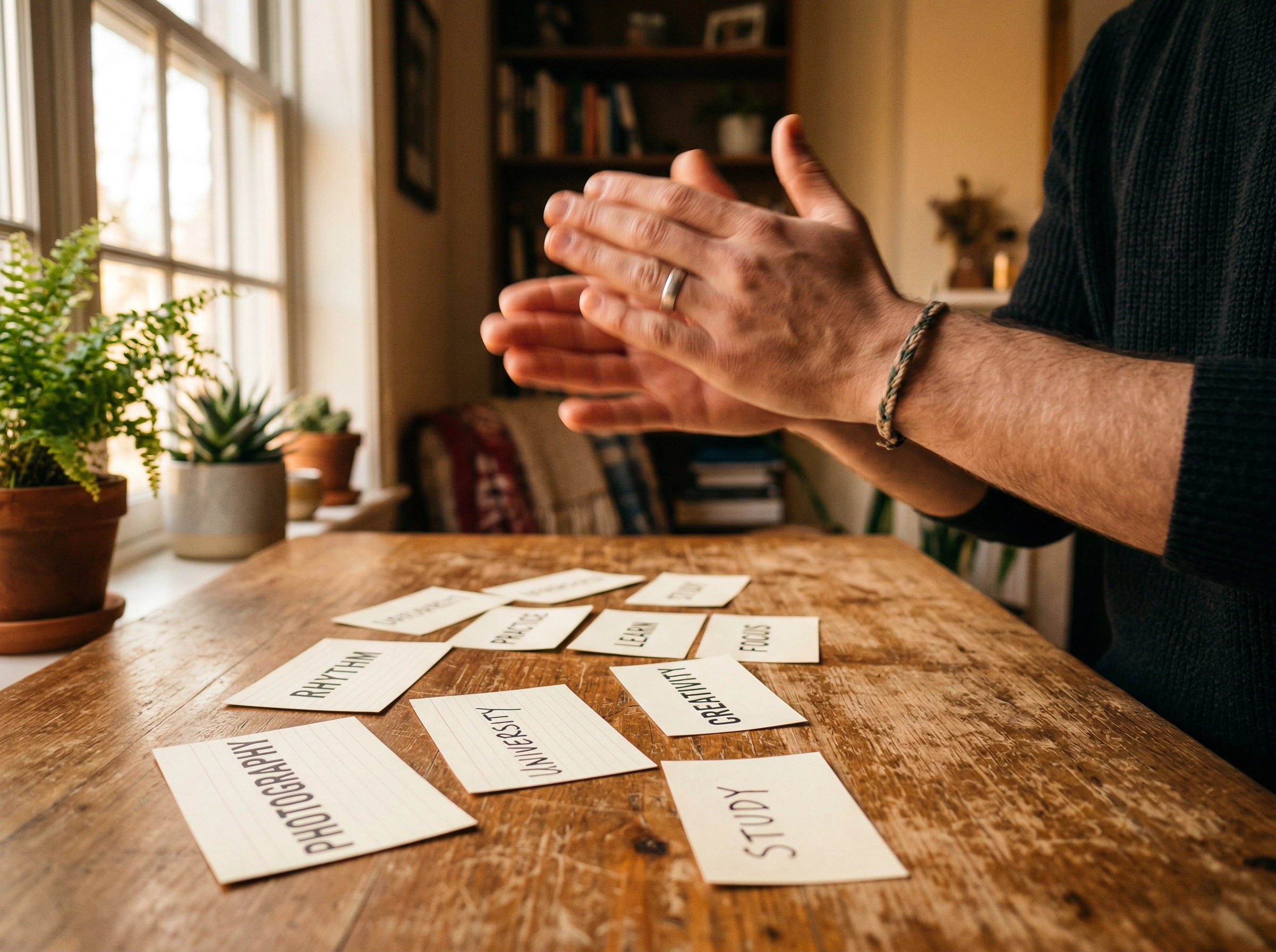 Hands mid-clap above word cards practicing English word stress rhythm exercises at home
