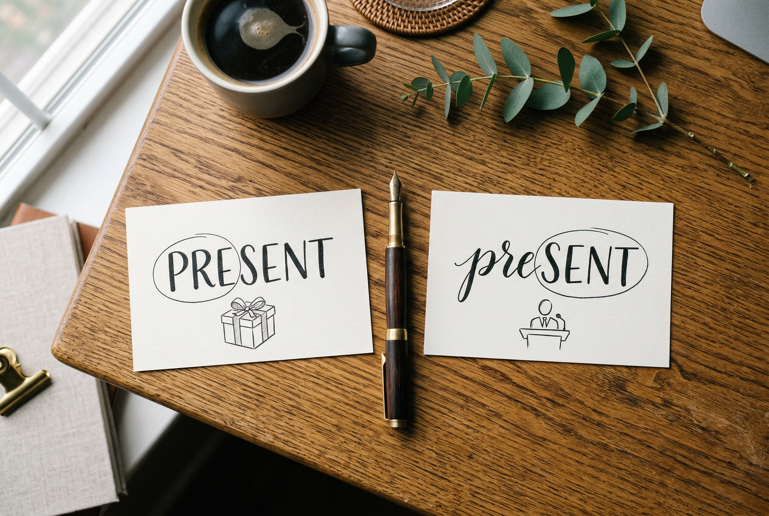 Index cards showing how English word stress changes meaning: PREsent as noun versus preSENT as verb