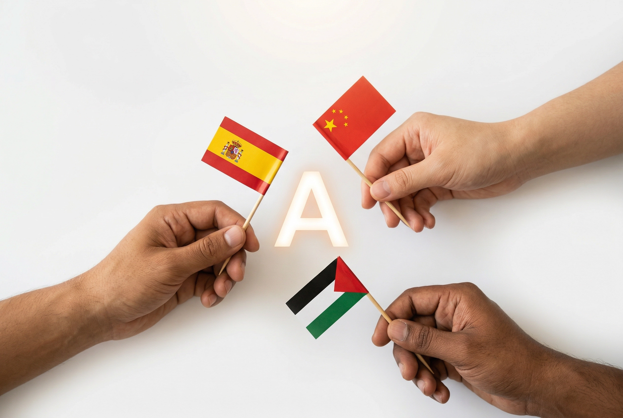 Three hands holding Spanish, Chinese, and Arabic flags converging on English pronunciation showing L1-specific word stress challenges