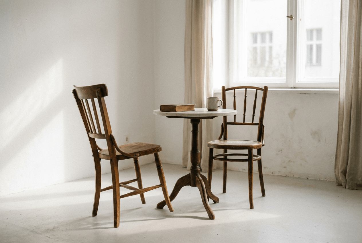 Two empty chairs facing each other representing self-debate ESL speaking practice activity