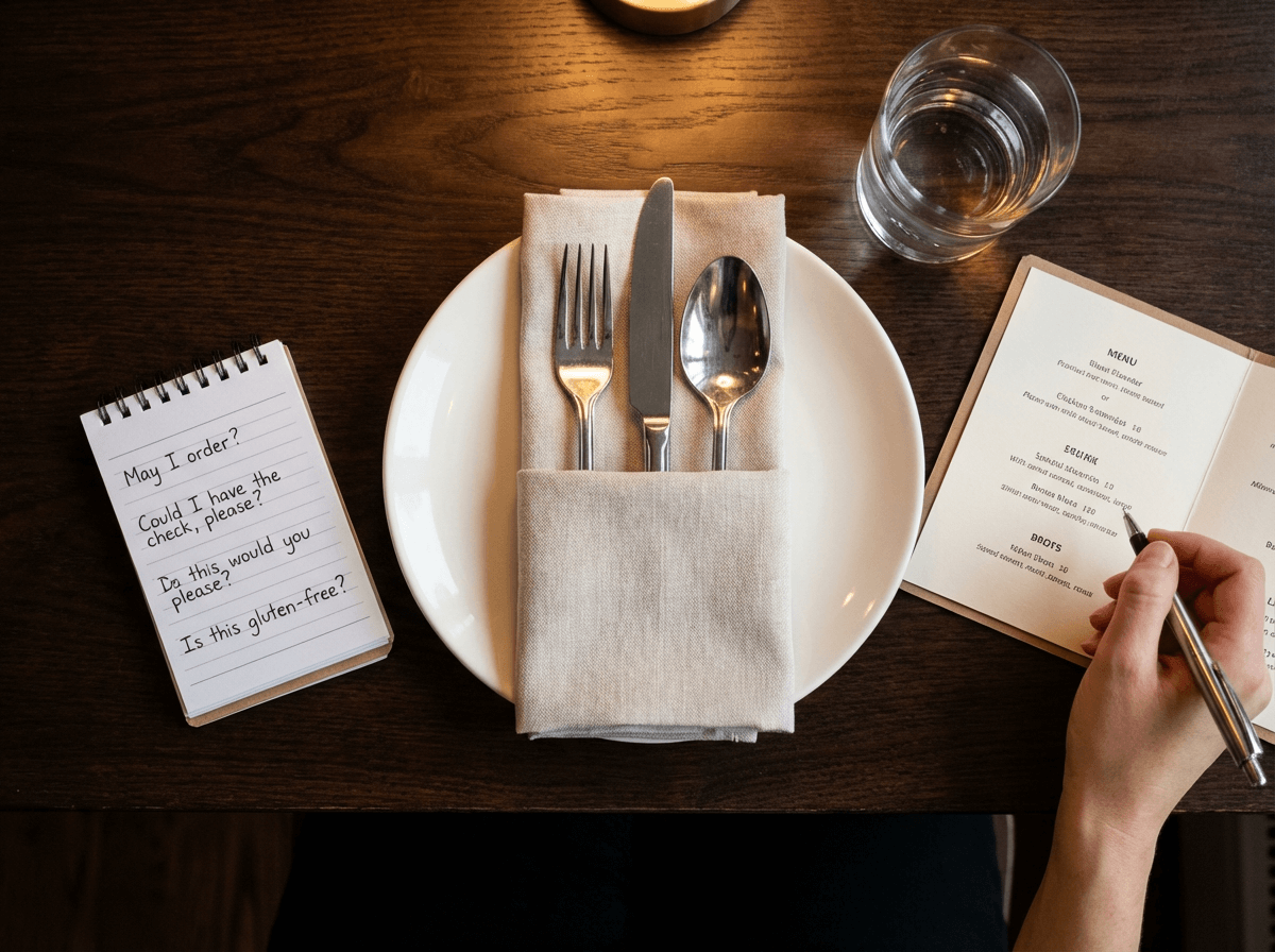 Restaurant table setting with English conversation practice notes for role-play activity