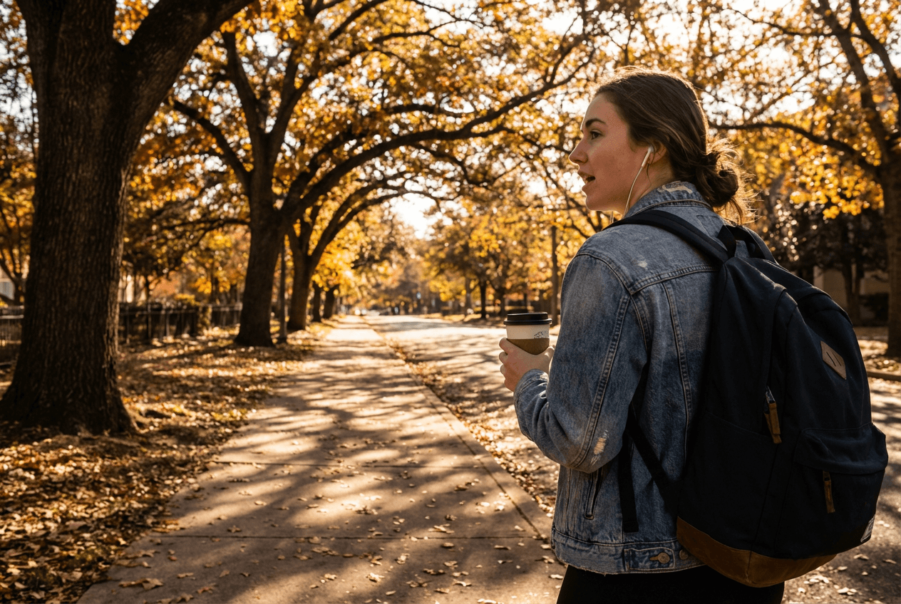 Woman practicing English speaking while walking outdoors with earbuds for shadowing exercise