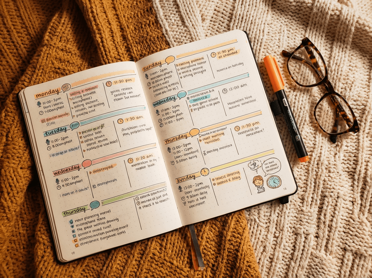 Weekly planner with organized ESL speaking practice routine and study schedule