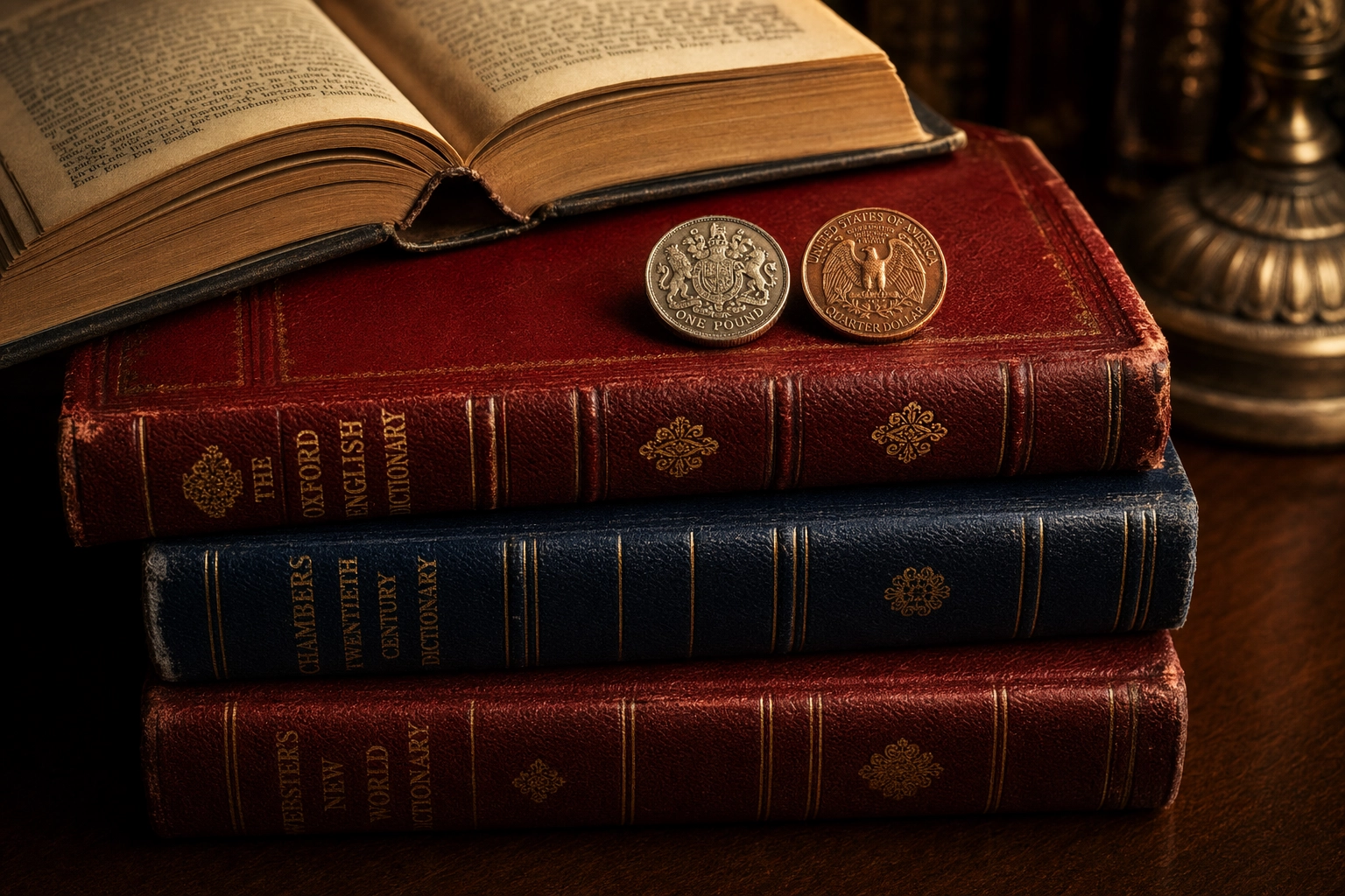 イギリス英語とアメリカ英語のアクセント選択を象徴する、英国ポンド硬貨と米国25セント硬貨が添えられたアンティークのレザー製書籍