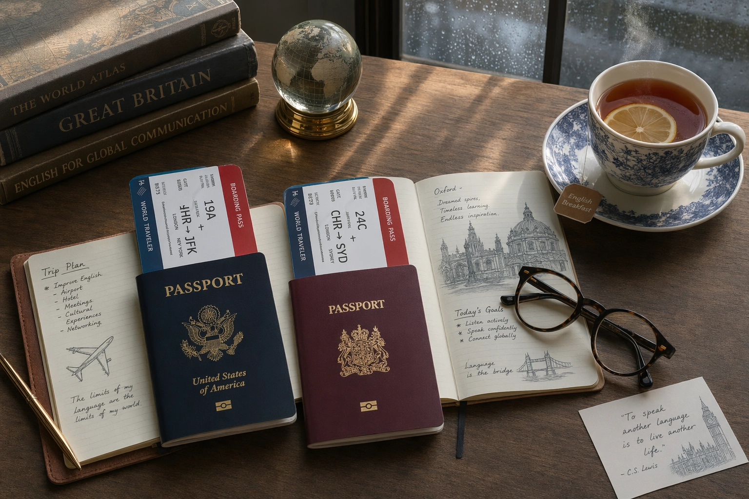 多様な英会話練習のユースケースを象徴する、パスポート、搭乗券、ジャーナル、お茶を真上から撮影したフラットレイ