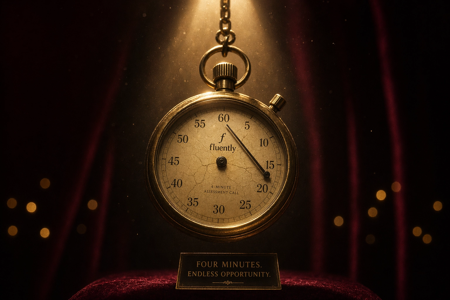 Fluentlyの無料英語レベル診断通話を表す、4分の位置を指す真鍮製のヴィンテージストップウォッチ