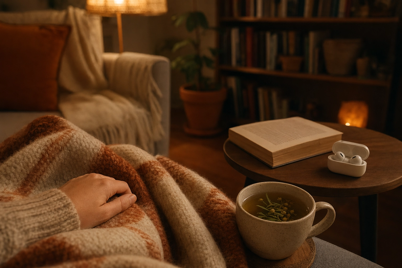 リラックスした評価を気にせずできる英会話練習を象徴する、ワイヤレスイヤホンとお茶のあるくつろいだ夜の自宅シーン