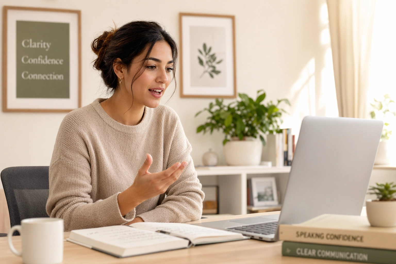 自宅オフィスのデスクで仕事のビデオ通話に向けて英語を練習する非ネイティブの女性ビジネスパーソン