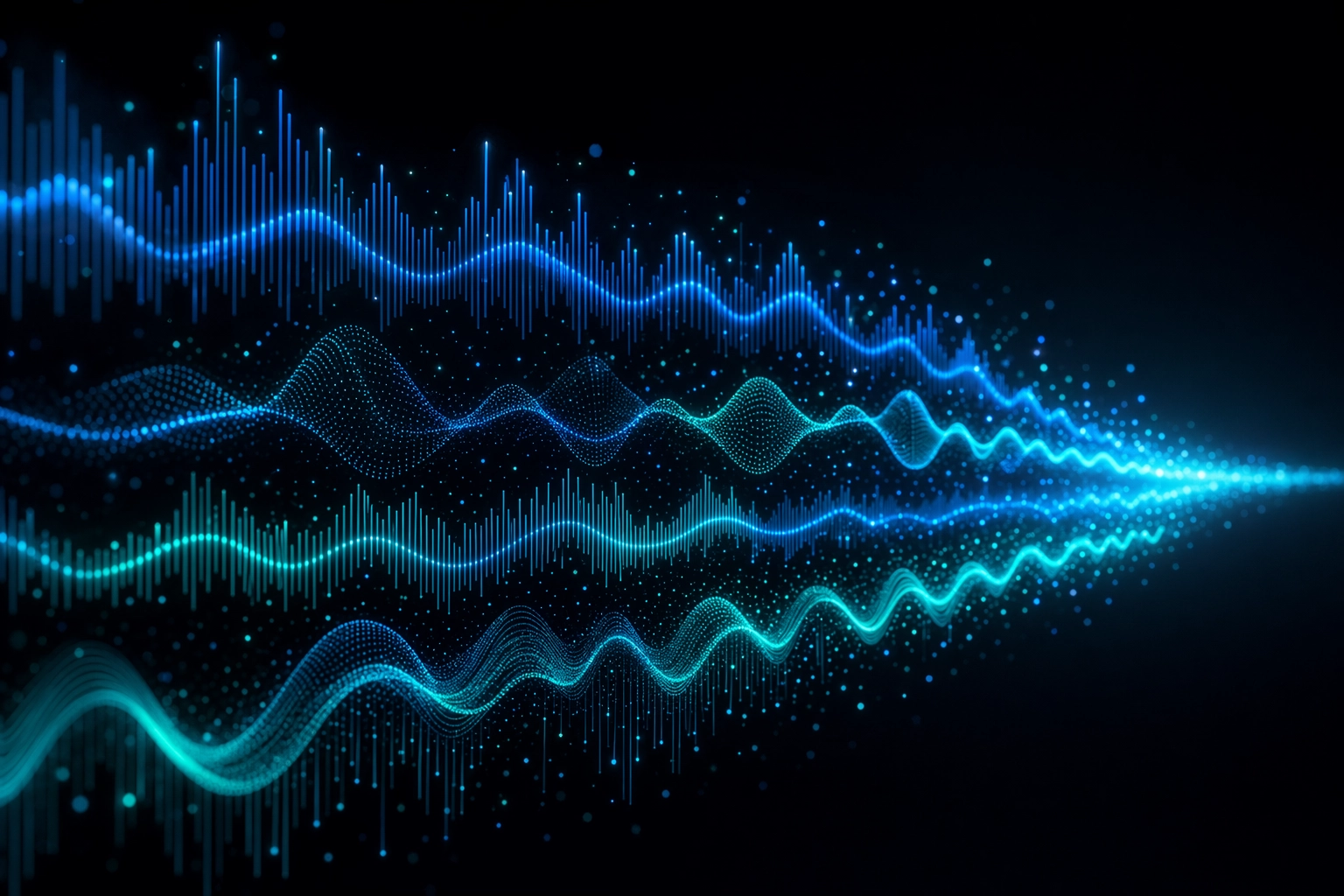 4つのスピーチ次元にわたるAI音声分析を表す、抽象的な音波ビジュアライゼーション