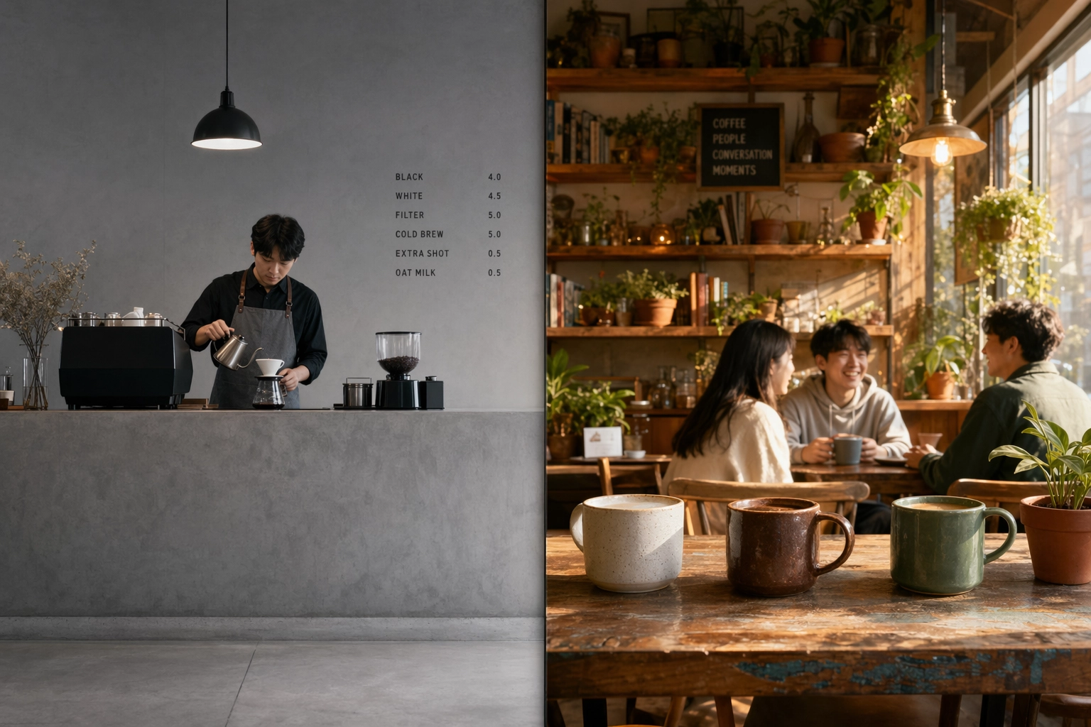 異なる英会話チューターアプリのアプローチを象徴する、対照的な2つのカフェの雰囲気を並べたスプリットスクリーン比較