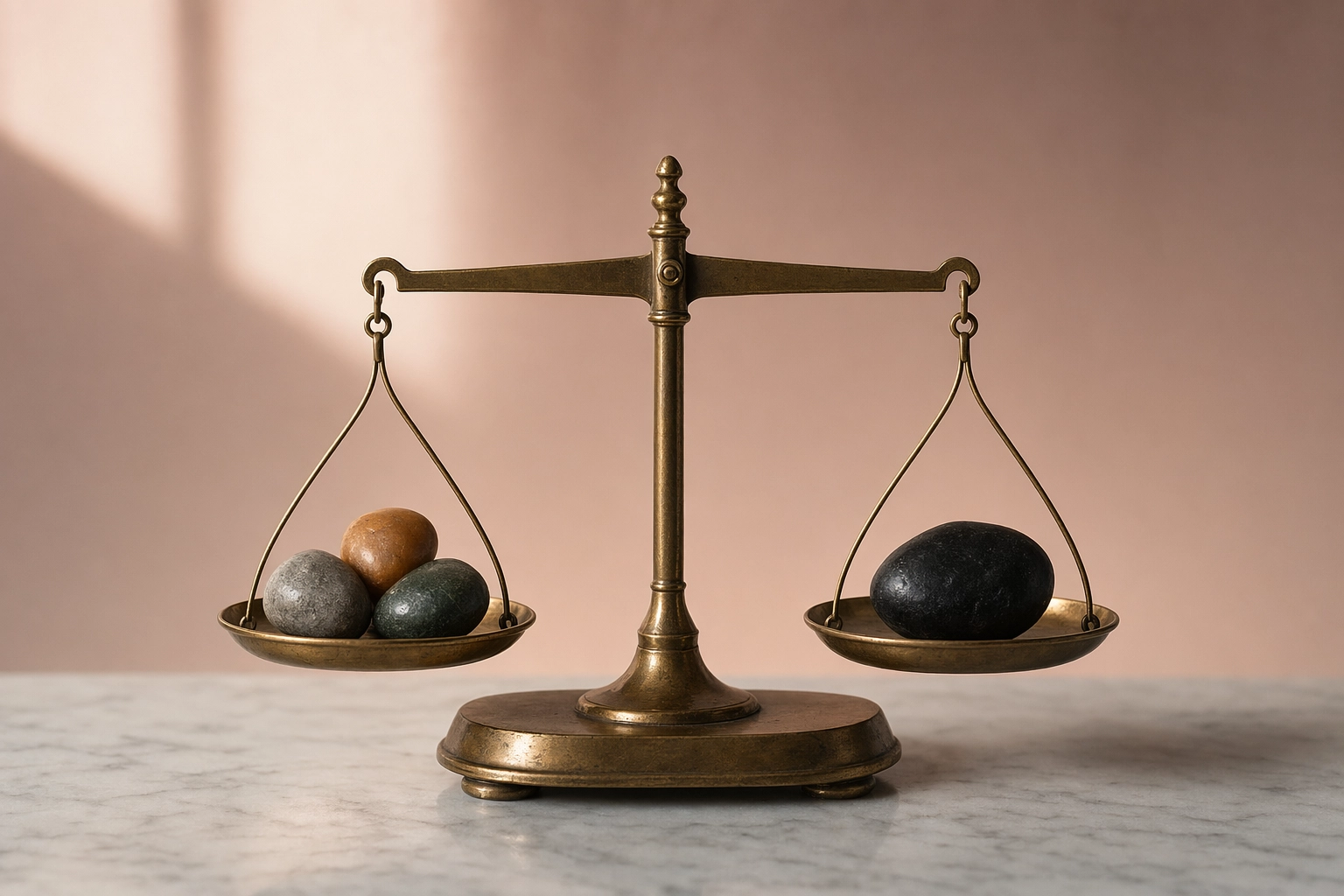 Fluently対Practice Meの機能比較を象徴する、複数の色付き石と1つの石を釣り合わせる真鍮の天秤