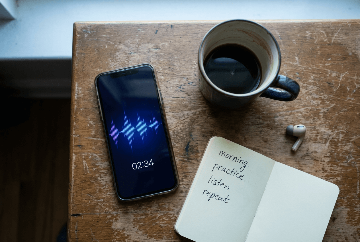 Smartphone showing voice waveform during AI-powered English speaking practice session at a home desk