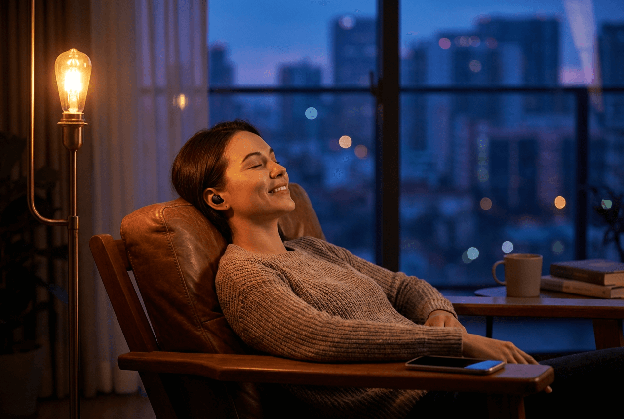 Person relaxing at home while practicing English speaking with AI tutor through wireless earbuds