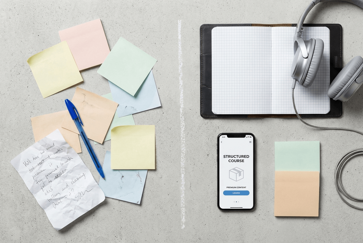 Flat lay comparison of free versus paid language learning tools showing the quality and structure difference