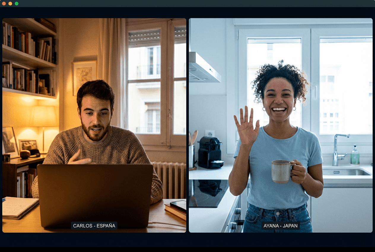 Two language exchange partners practicing English speaking over video call from different countries