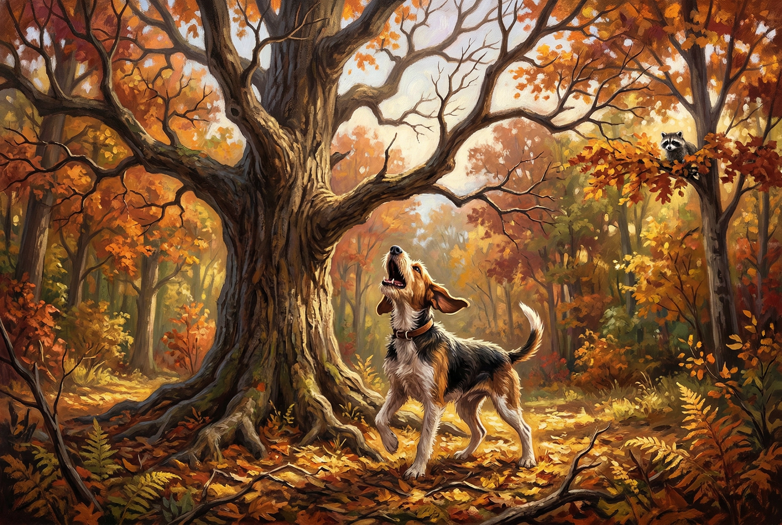 Hunting dog barking at the wrong tree in an autumn forest illustrating the idiom barking up the wrong tree