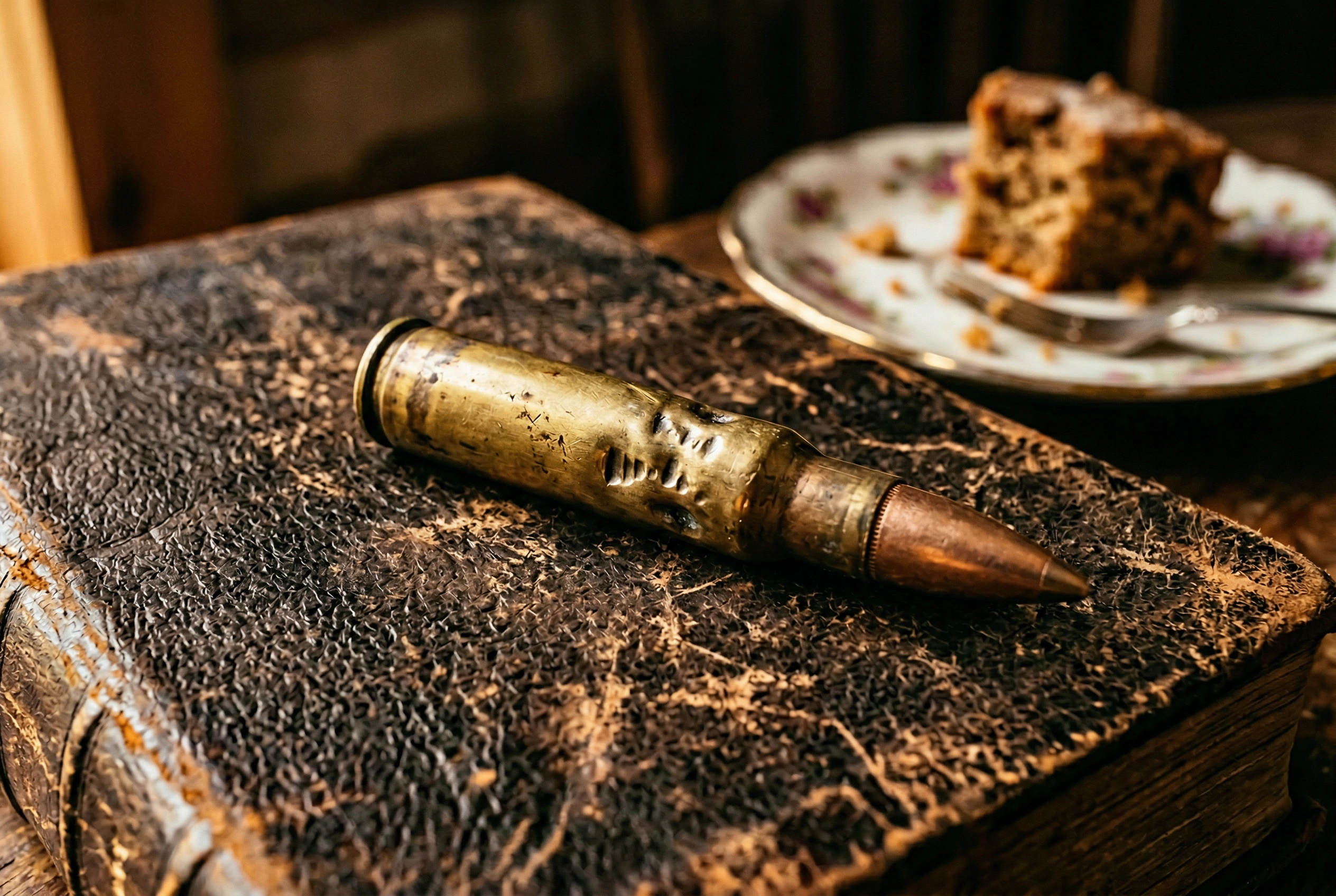 Close-up of a brass bullet with bite marks on a leather book representing the idiom bite the bullet