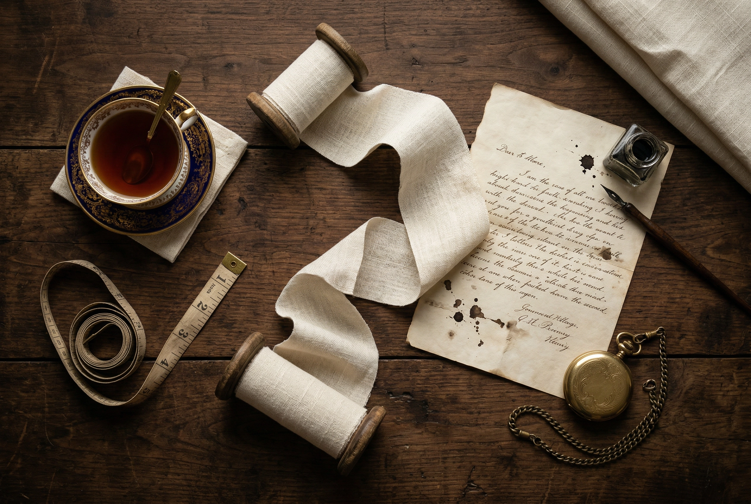 Overhead flat-lay of vintage objects on a wooden desk representing confusing English idioms and their origins