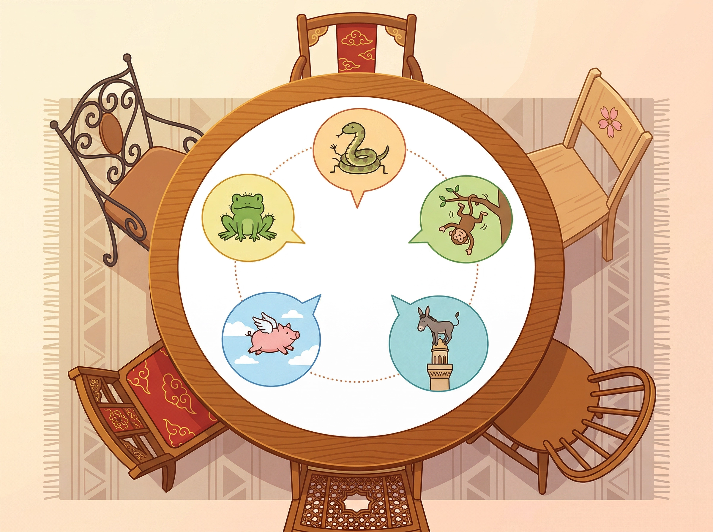 Colorful illustration comparing funny idiom equivalents across English, Spanish, Chinese, Japanese, and Arabic