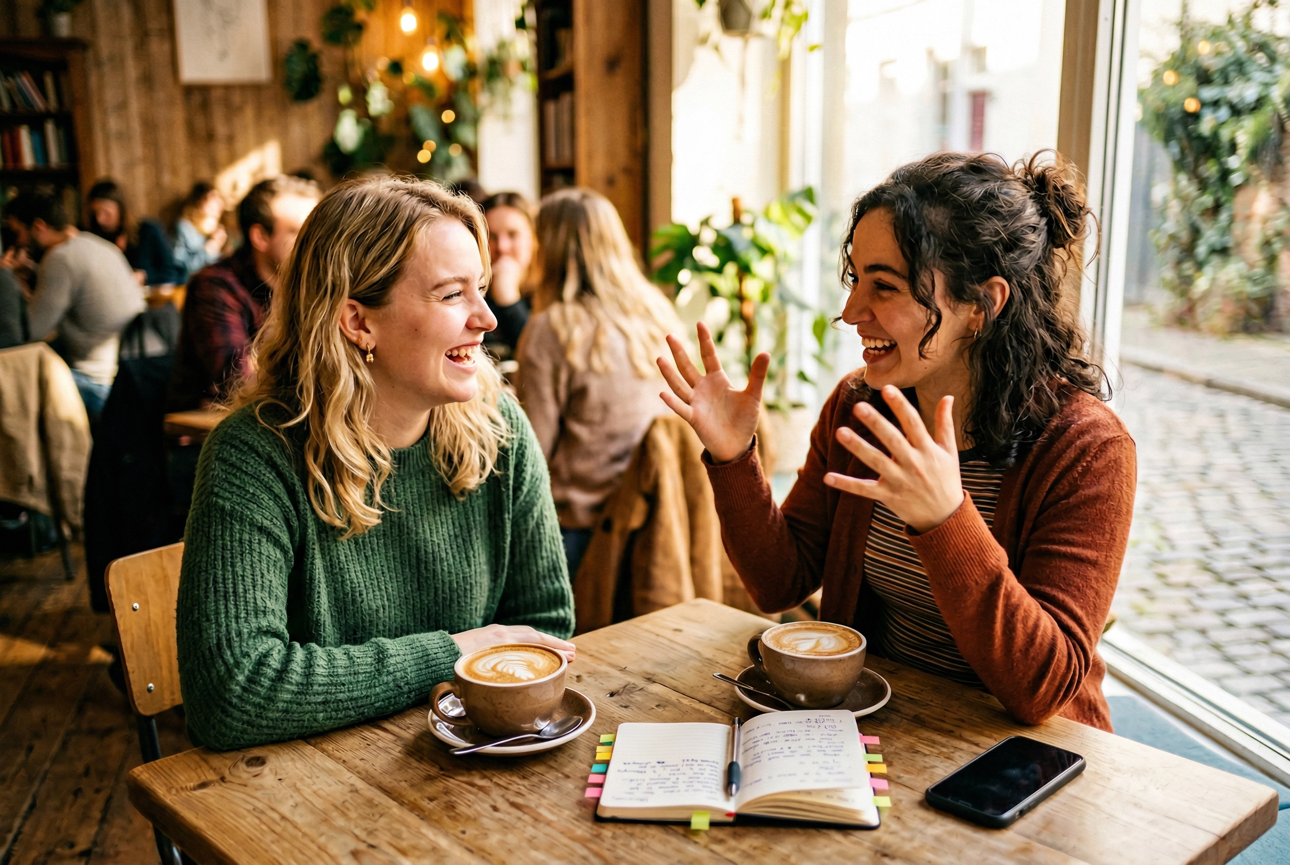 Two women laughing at a café while discussing funny English idioms in conversation practice