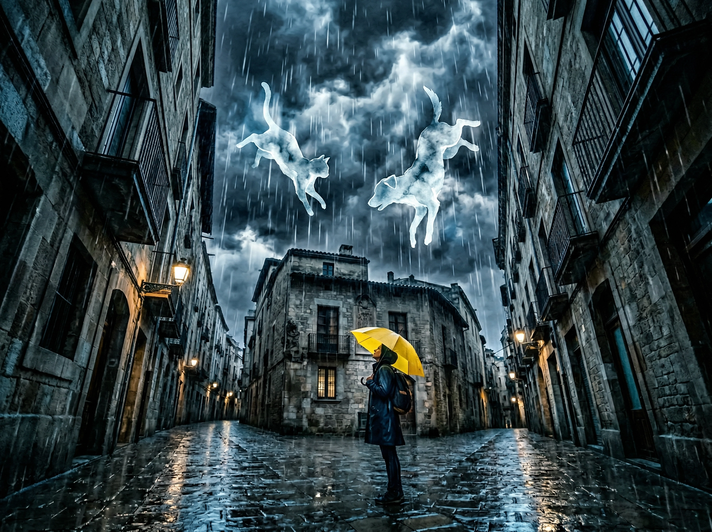 Dramatic stormy sky with ghostly cats and dogs in the rain representing the idiom raining cats and dogs