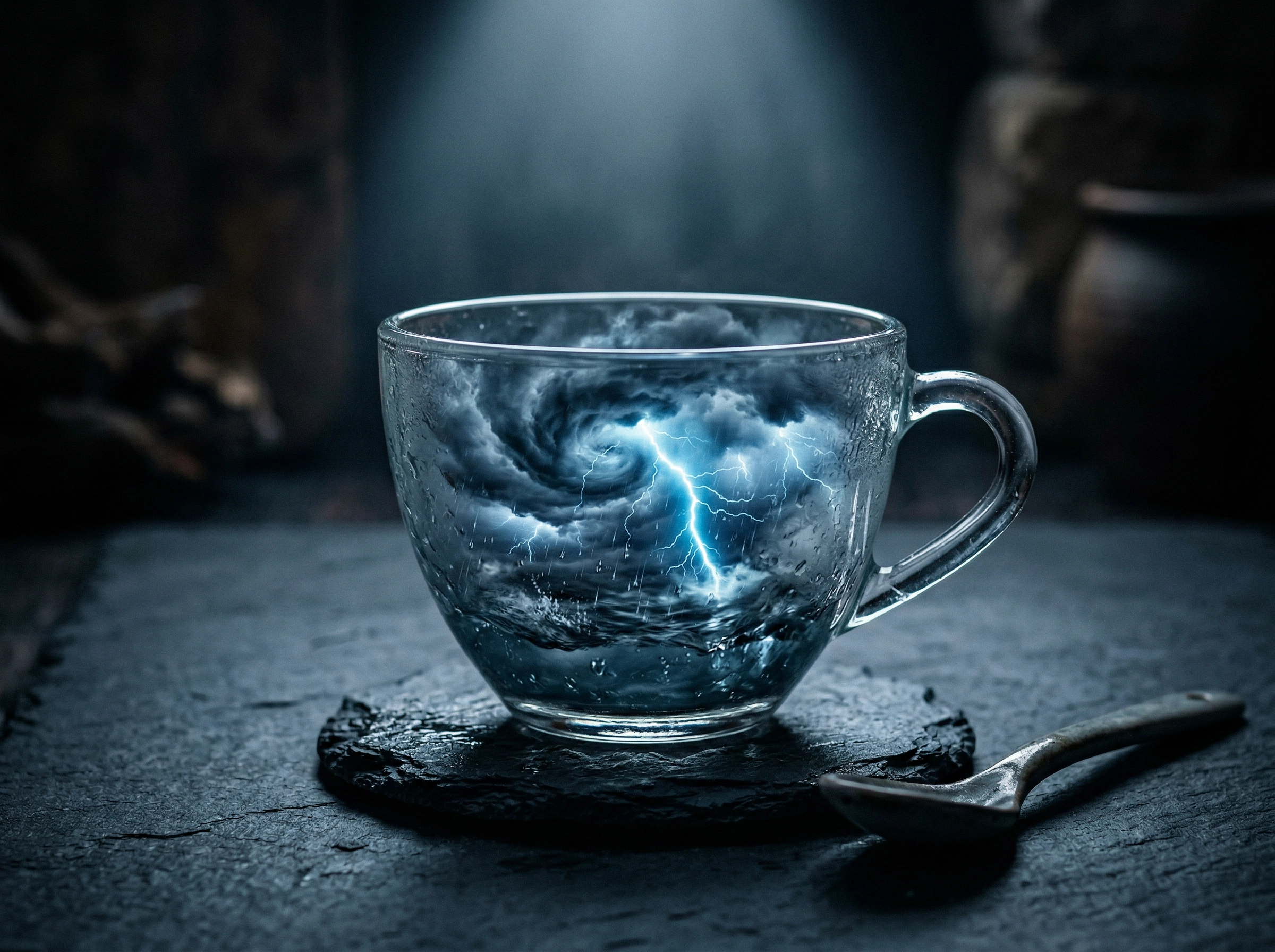 Conceptual photo of a miniature storm inside a glass teacup representing the idiom storm in a teacup