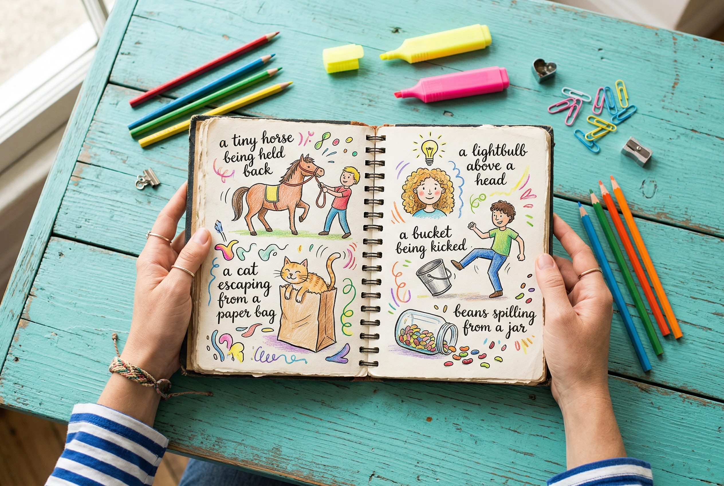Overhead view of a colorful notebook with hand-drawn sketches of English idiom concepts and study supplies