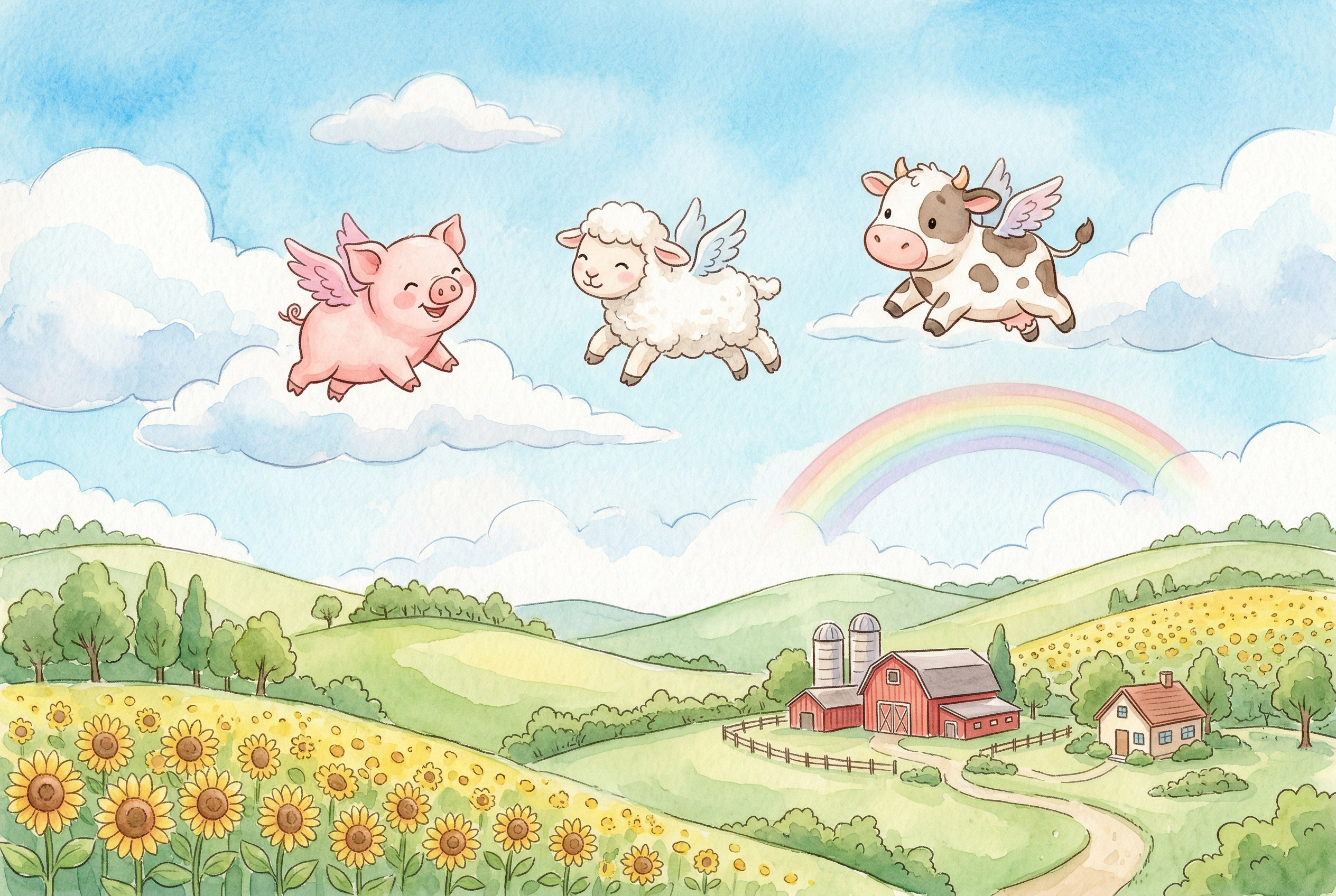 Whimsical watercolor of winged farm animals floating through clouds over green countryside representing impossible idioms