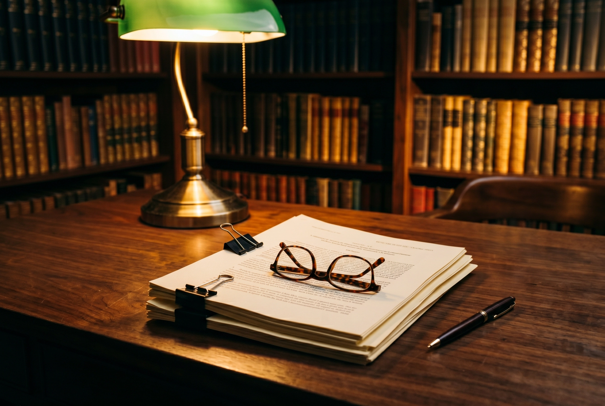 Tumpukan makalah riset akademis diterangi lampu meja hijau di perpustakaan remang melambangkan studi peer-review tentang Gliglish