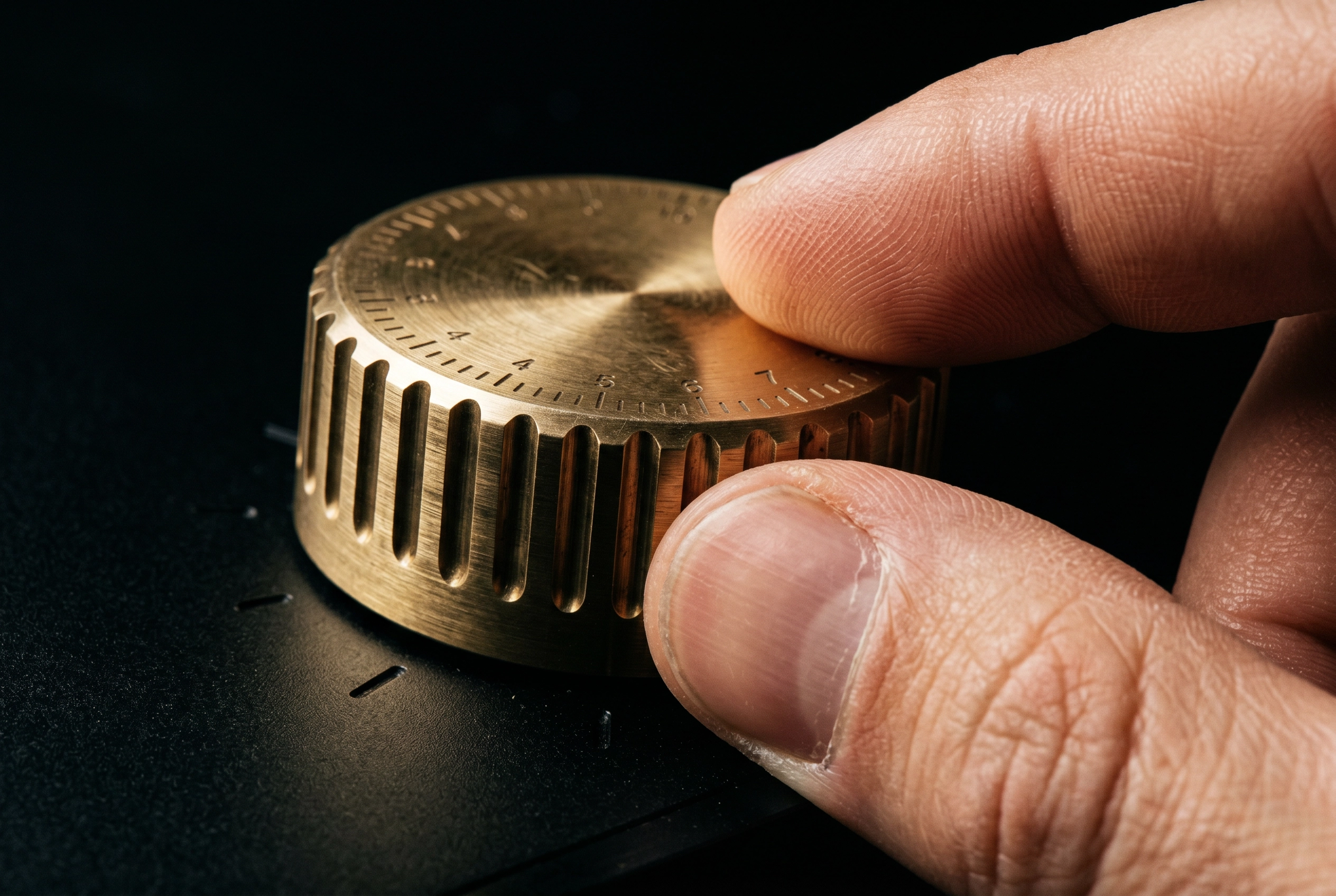 Detail makro ujung jari memutar tombol kuningan melambangkan fitur pengatur kecepatan bicara pada Gliglish