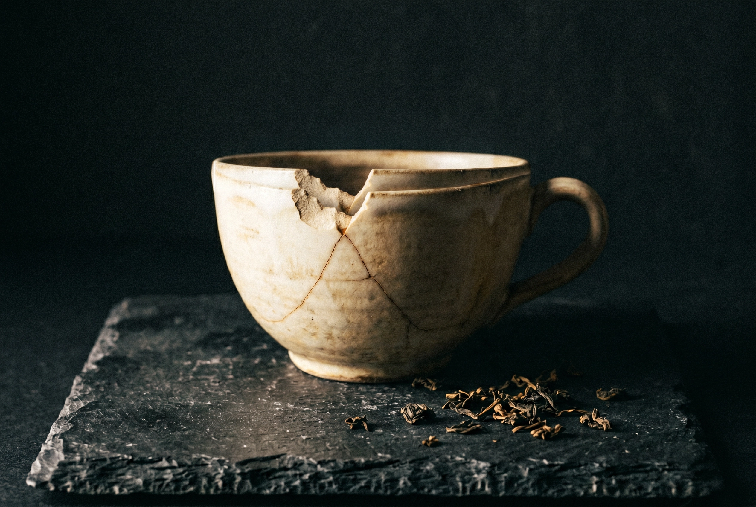 Still life makro cangkir keramik krem sumbing di atas batu tulis gelap melambangkan keterbatasan dan kekurangan Gliglish