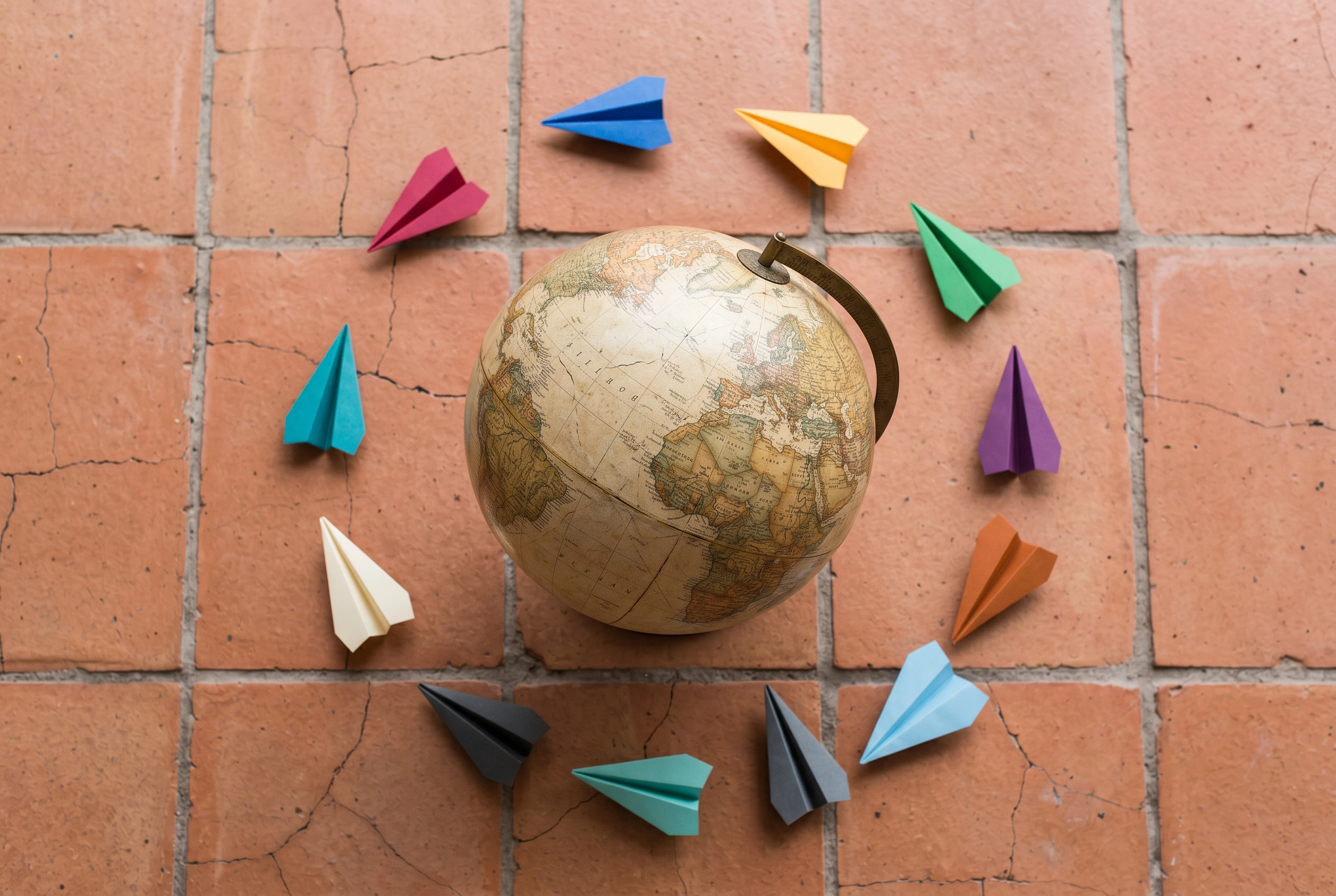 Bola dunia antik dikelilingi pesawat kertas warna-warni melambangkan 30-plus bahasa yang didukung Gliglish di seluruh dunia