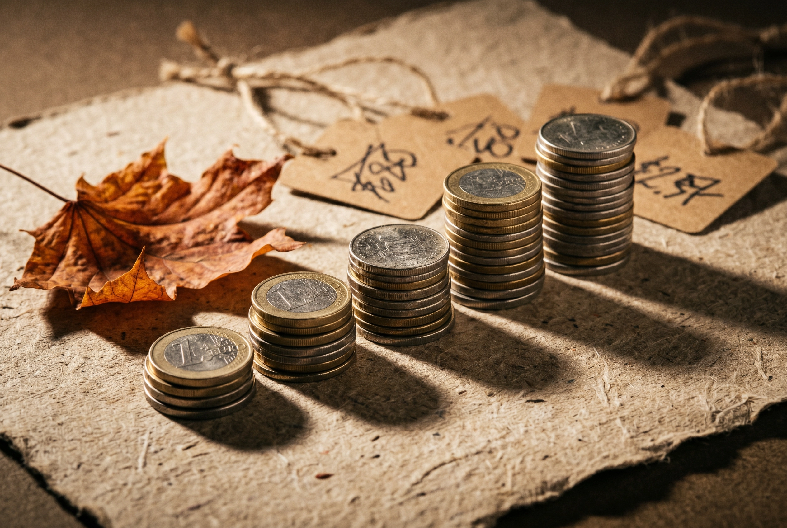 Still life tumpukan koin dan label harga tulis tangan di atas kertas kraft melambangkan perbandingan paket harga Gliglish