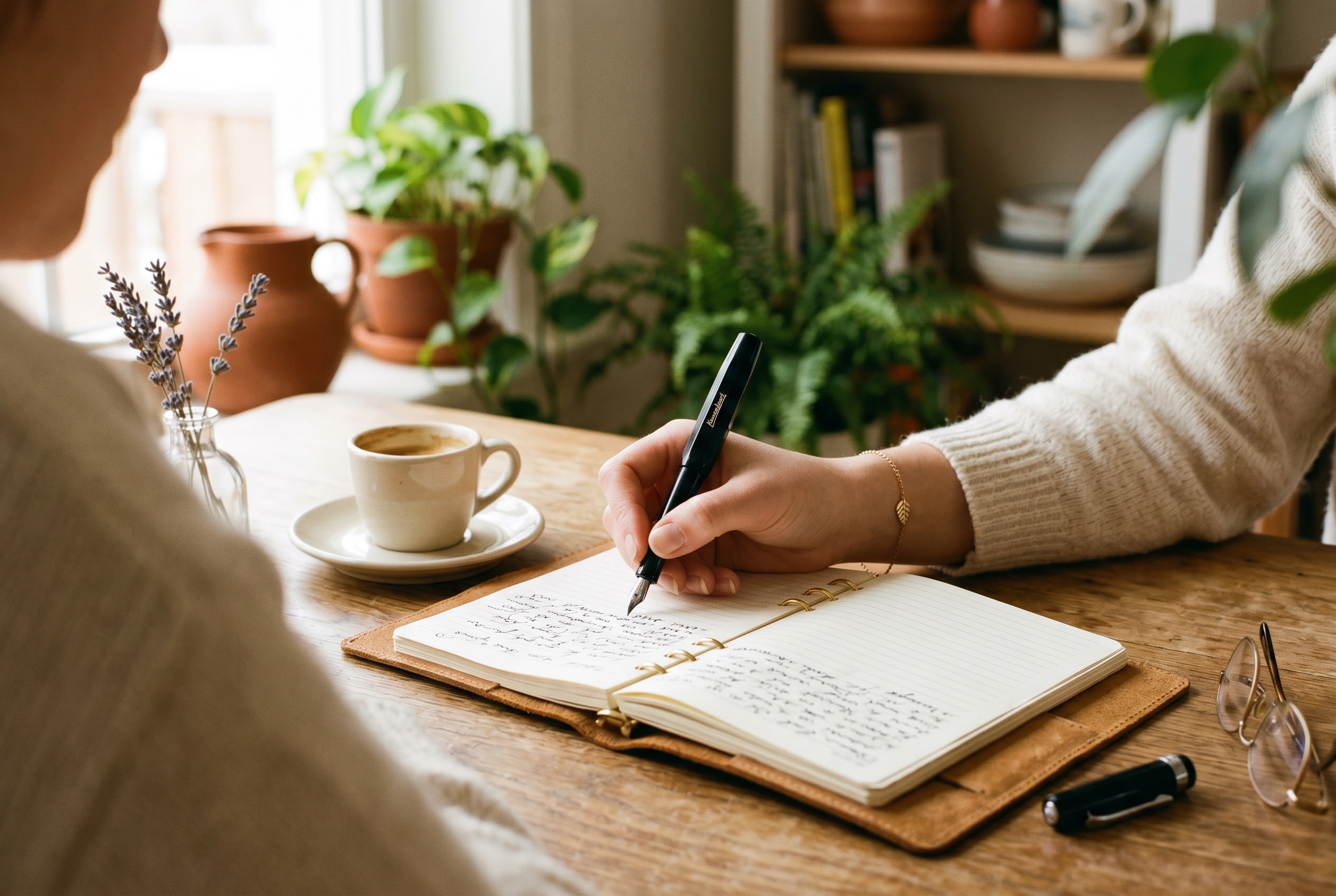 Tangan menulis catatan di jurnal kulit dengan espresso dan lavender melambangkan kesimpulan akhir dan rekomendasi yang matang