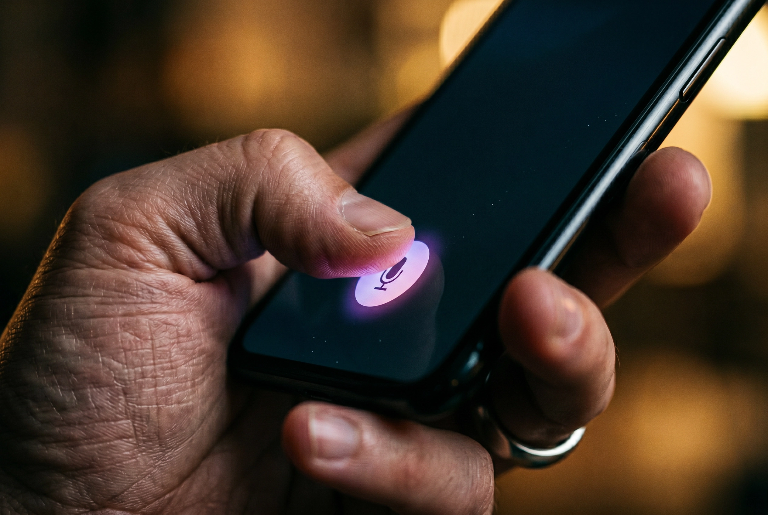 Close-up ibu jari menekan tombol mikrofon di smartphone memulai percakapan bahasa dengan AI