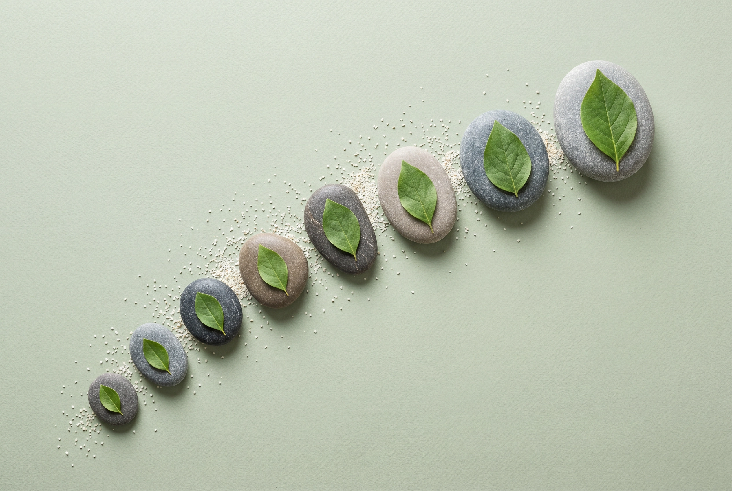 Susunan batu sungai bergaya zen dengan dedaunan melambangkan kekuatan utama Gliglish yang menumpuk seiring waktu