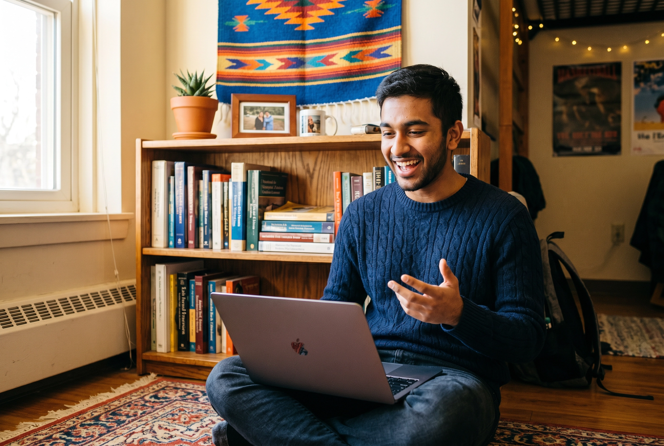Mahasiswa muda duduk bersila di kamar asrama berlatih beberapa bahasa di laptop