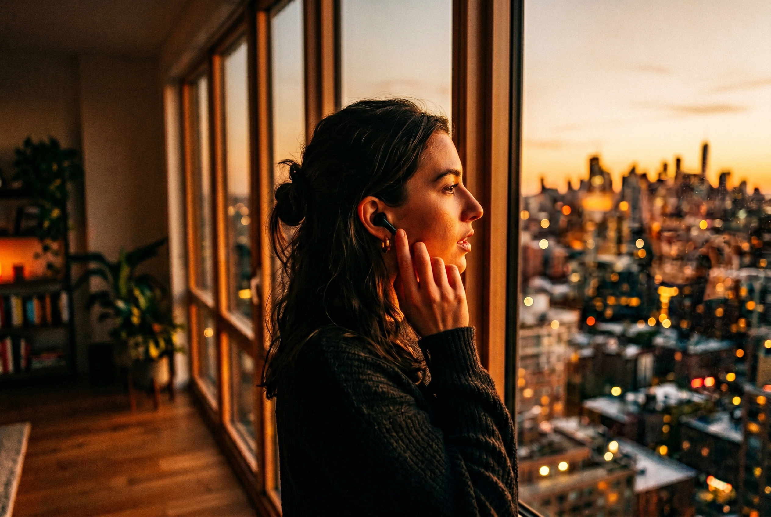 Siluet profil wanita berbicara ke earbud dekat jendela saat golden hour selama latihan speaking AI