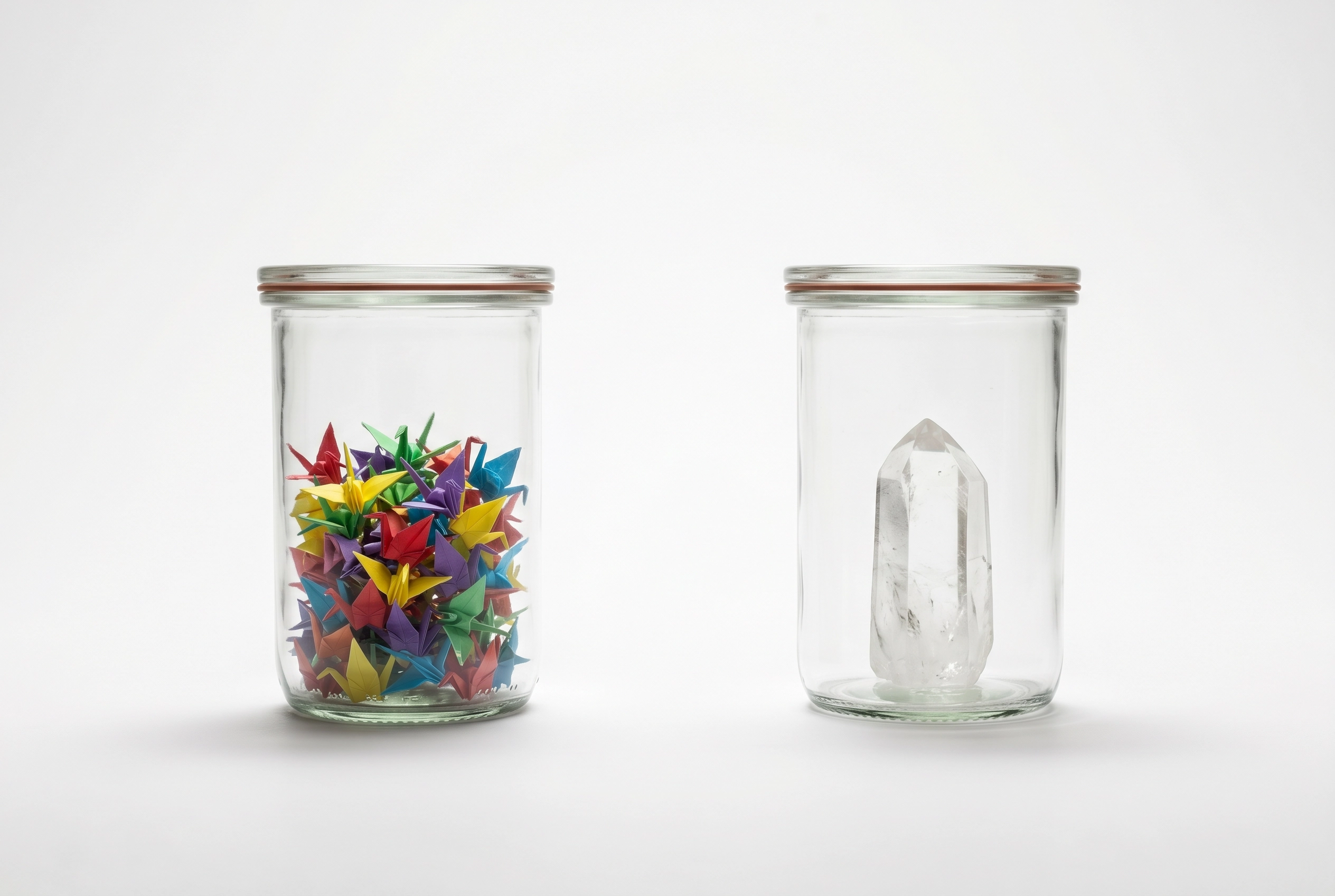Dua toples kaca berdampingan, satu berisi origami bangau warna-warni dan satunya sebutir kristal melambangkan kompromi keluasan vs kedalaman dalam belajar bahasa