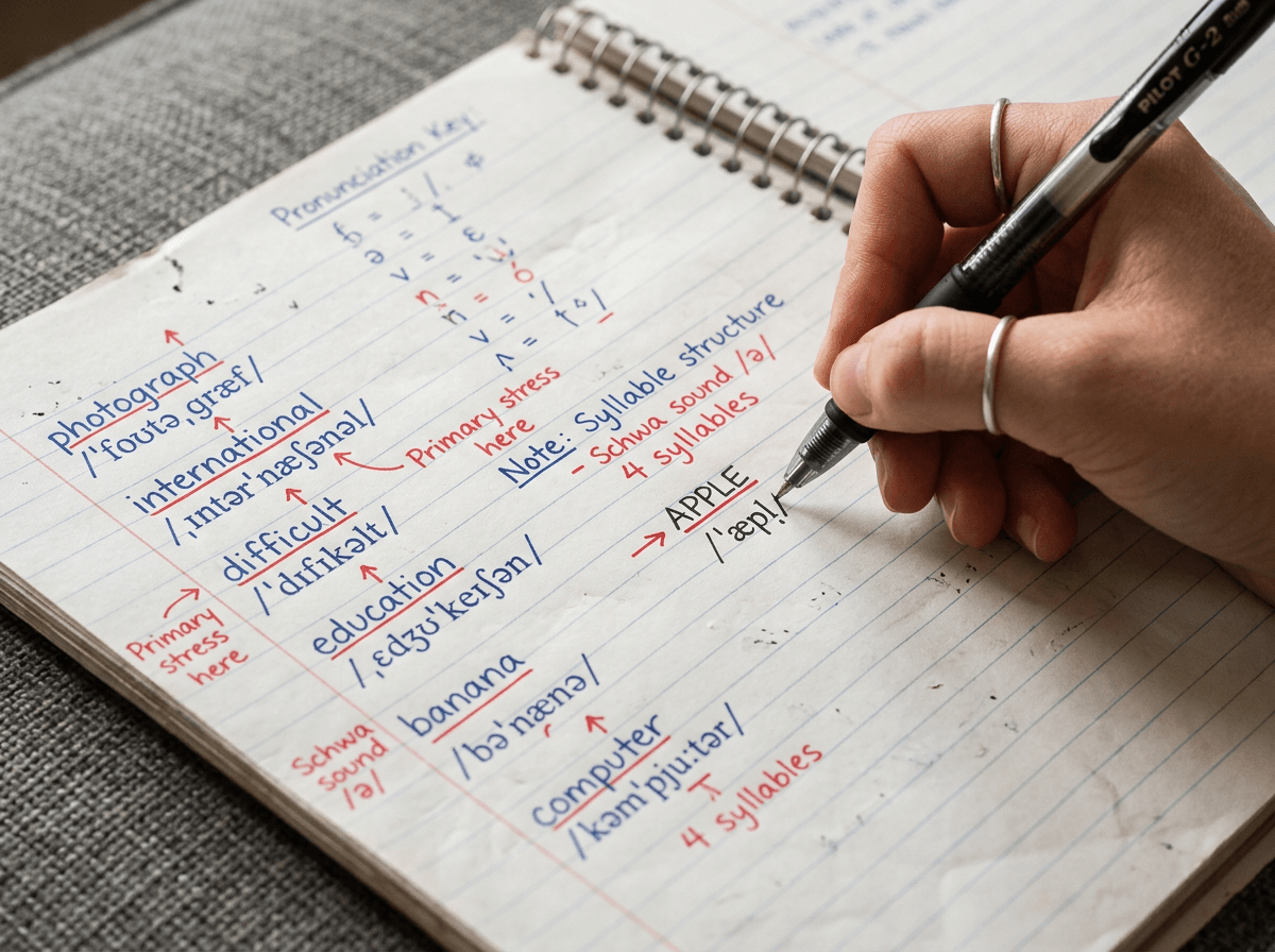 Handwritten English pronunciation notes with phonetic transcriptions and stress patterns in notebook