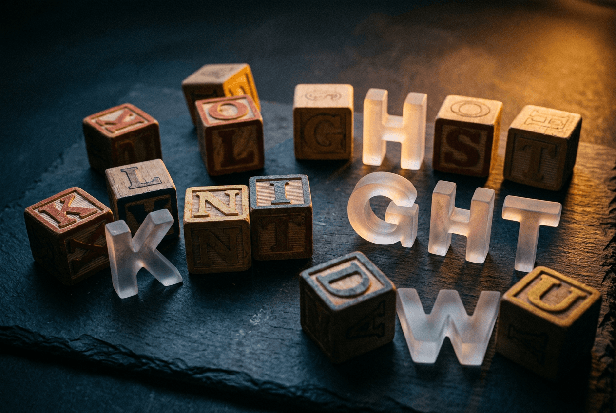 Wooden letter blocks with translucent ghost letters representing silent letters in English words